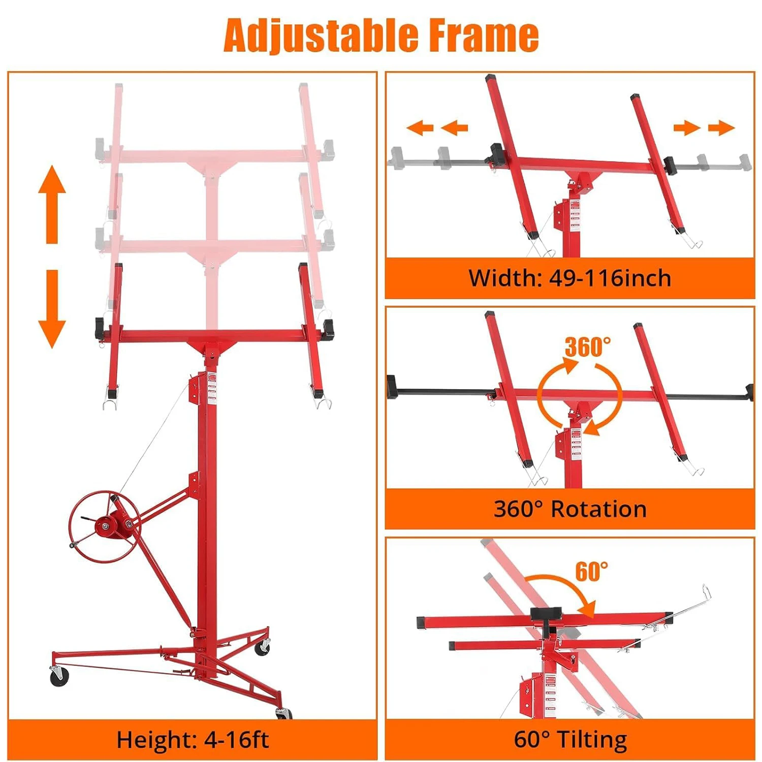 16 FT Drywall Lift Panel Rolling Hoist Jack Lifter with Lockable Wheels Adjustable Drywall Jack Lift for Home Improvement