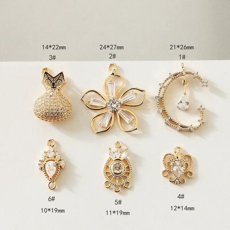 6pcs Copper Encrusted Gold Color Zircon Flower Porous Palace Style Pendant Diy Handmade Jewelry Necklace Accessories Charms