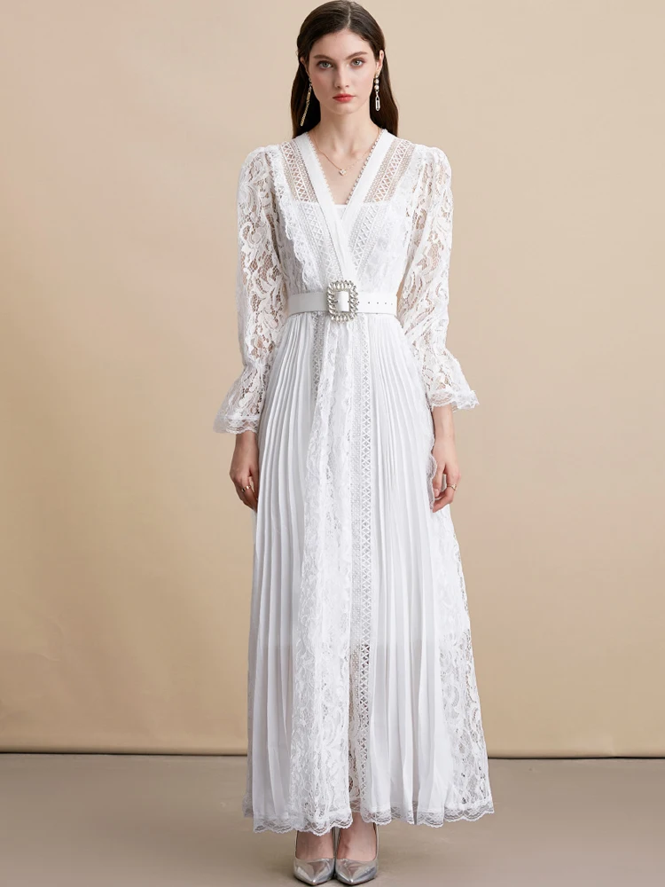 럭셔리 비치 브이넥 레이스 패치워크 드레스 여성용 2026 봄 여름 화이트 플리츠 시스루 미디 드레스 벨트 포함 INKEO 5D263