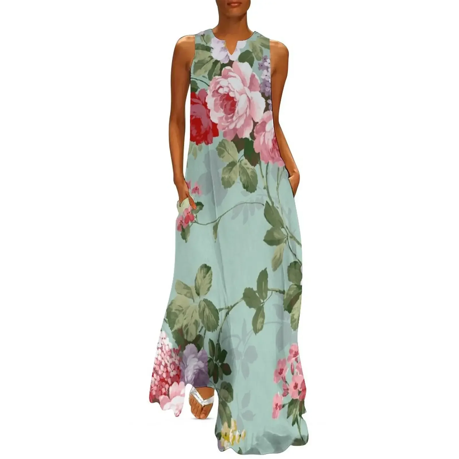 

Vintage Elegant Pink Red Roses Pattern Long Dress long dress women purple dress luxury Women's long
