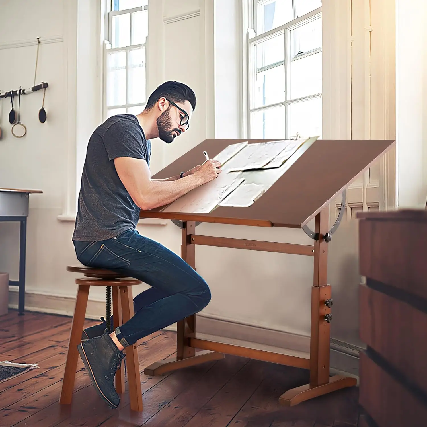 30" x 42"  -Large Artist Drafting Table, Adjustable Height & Angle, Solid Pine Wood Drawing Table, Art Table for Adul