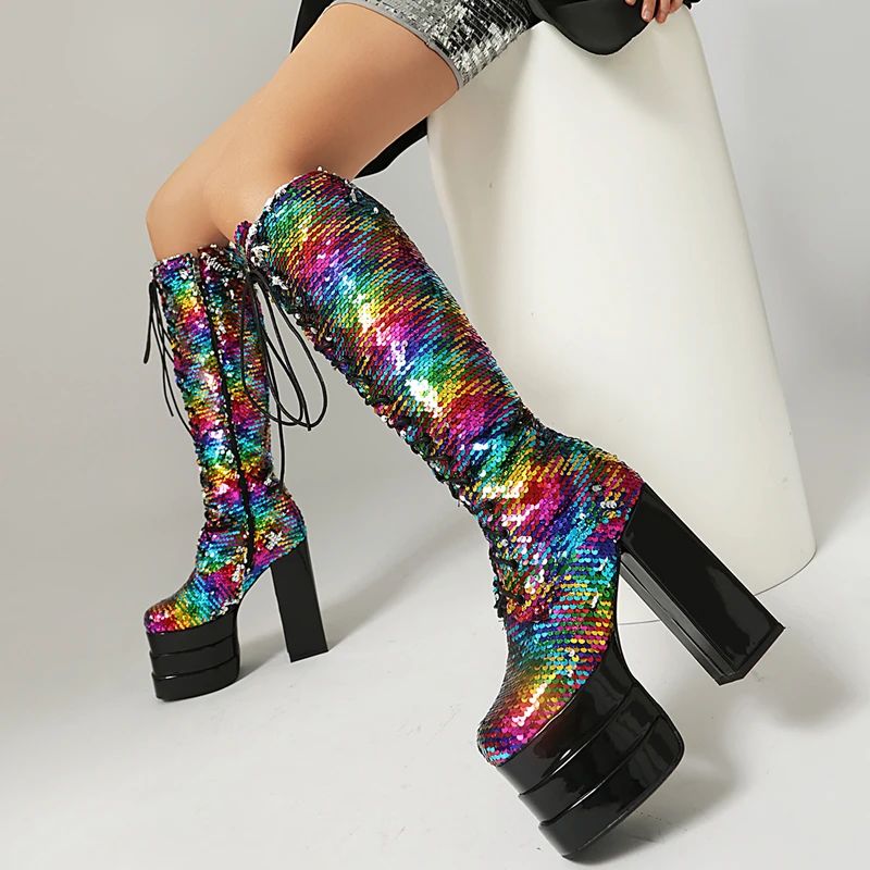 

Sequined Women Knee High Boots Lace Up Ladies Platform Thick Bottom Super High Heel Sexy Nightclub Patry Glitter Shoes Wholesale