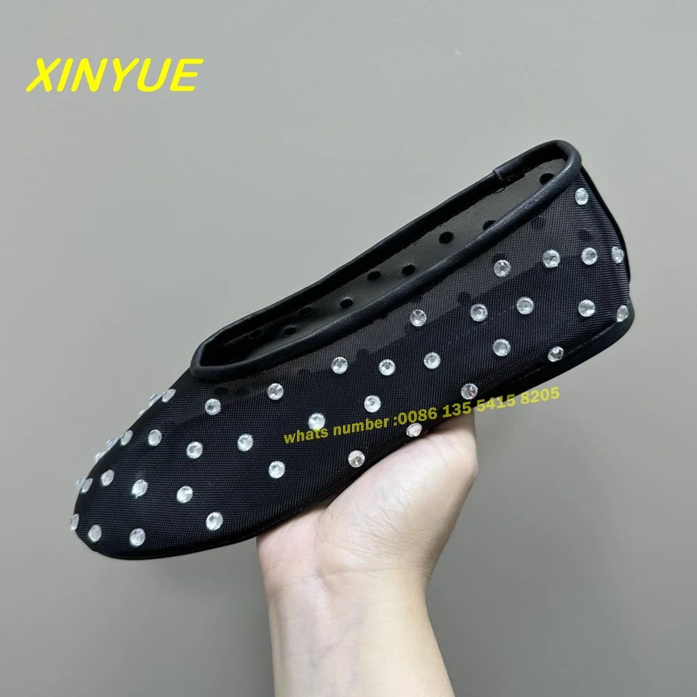 

Rhinestones Solid Low Heels Crystal Embellished Mesh Ballet Flats Shoes Round Toe Shallow Luxury Spring Summer Women's Shoes