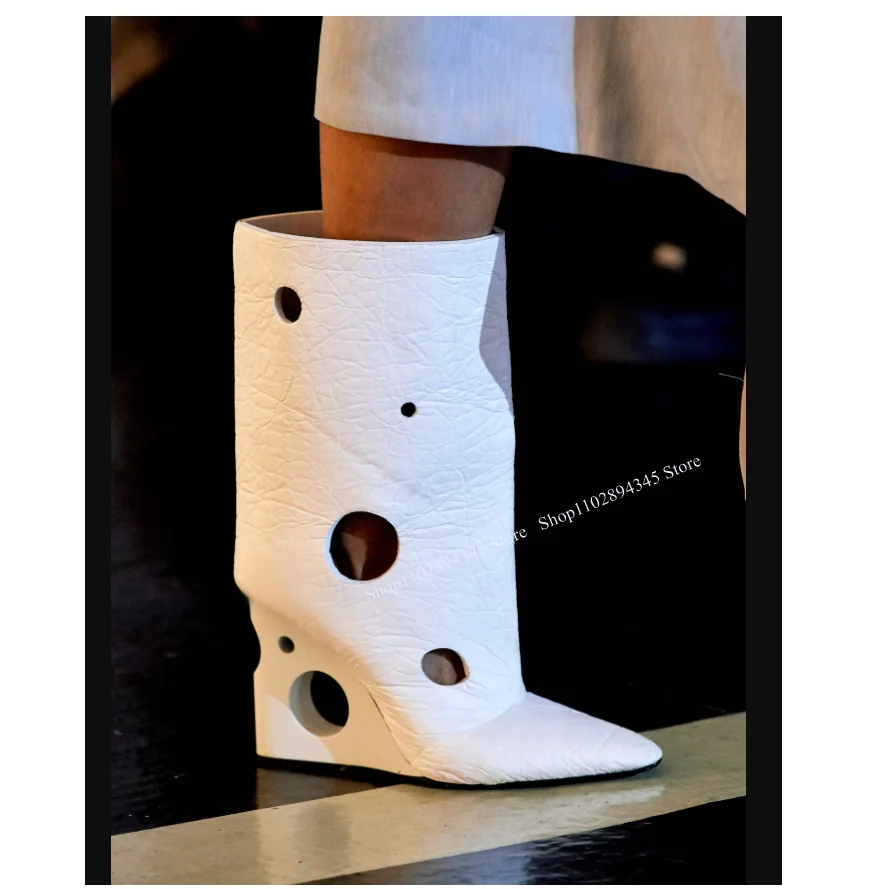 

White Hollow Mid Calf Leather Boots Pointed Toe Wedge Heel Fashion Sexy Summer Big Size 2025 Woman Shoes Zapatillas Mujer