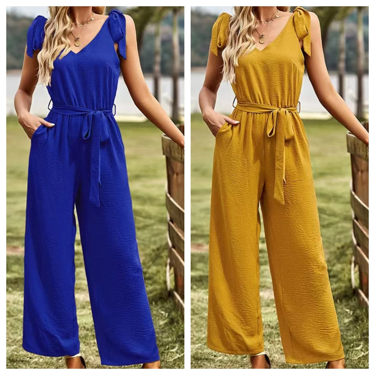 Cotton Linen Sleeveless Women Jumpsuit Summer Causal Solid V-Neck Drawstring Waist Straight Leg Jumpsuits