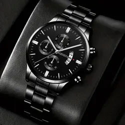 Fashion Mens Watches Luxury Black Stainless Steel Quartz Wrist Watch Man Business Watch for Men Calendar Clock Reloj Hombre