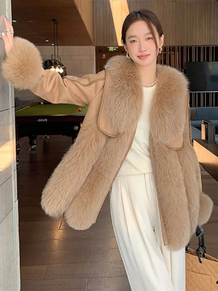 

MENINA BONITA 2022 Real Fur Coat Winter Women Jacket Natural Fox Fur Collar Thick Suede Warm Loose Outerwear Fashion Locomotive