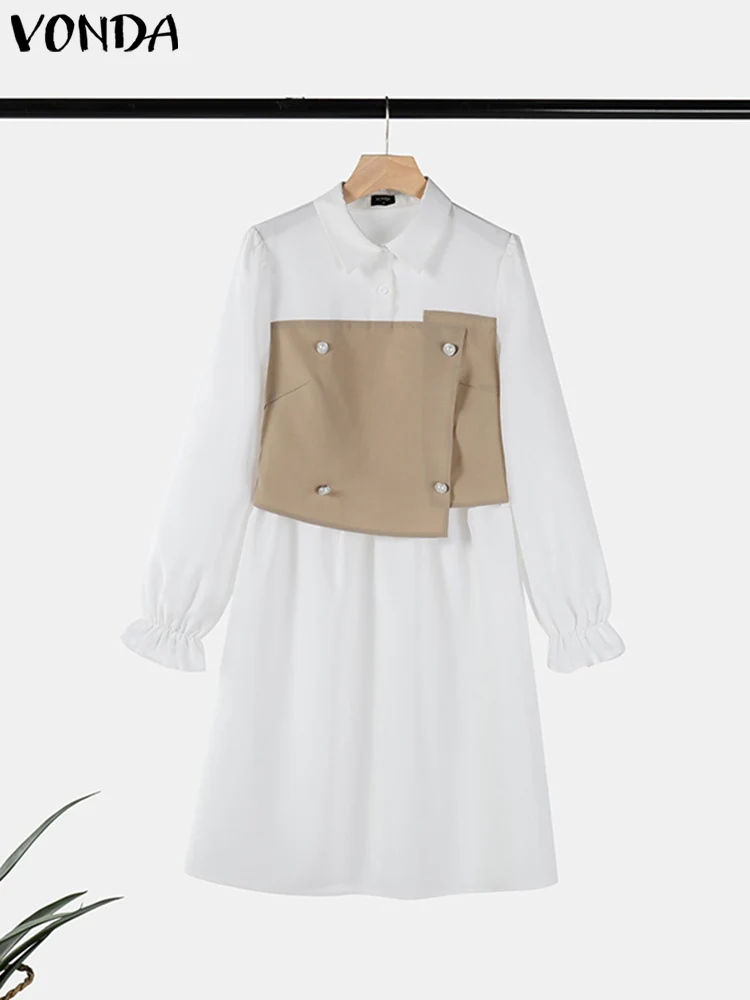 VONDA damska patchworkowa krótka sukienka elegancka linia A z długim rękawem Sundress 2025 Casual luźna szata Femme ponadgabarytowa z klapami Vestidos
