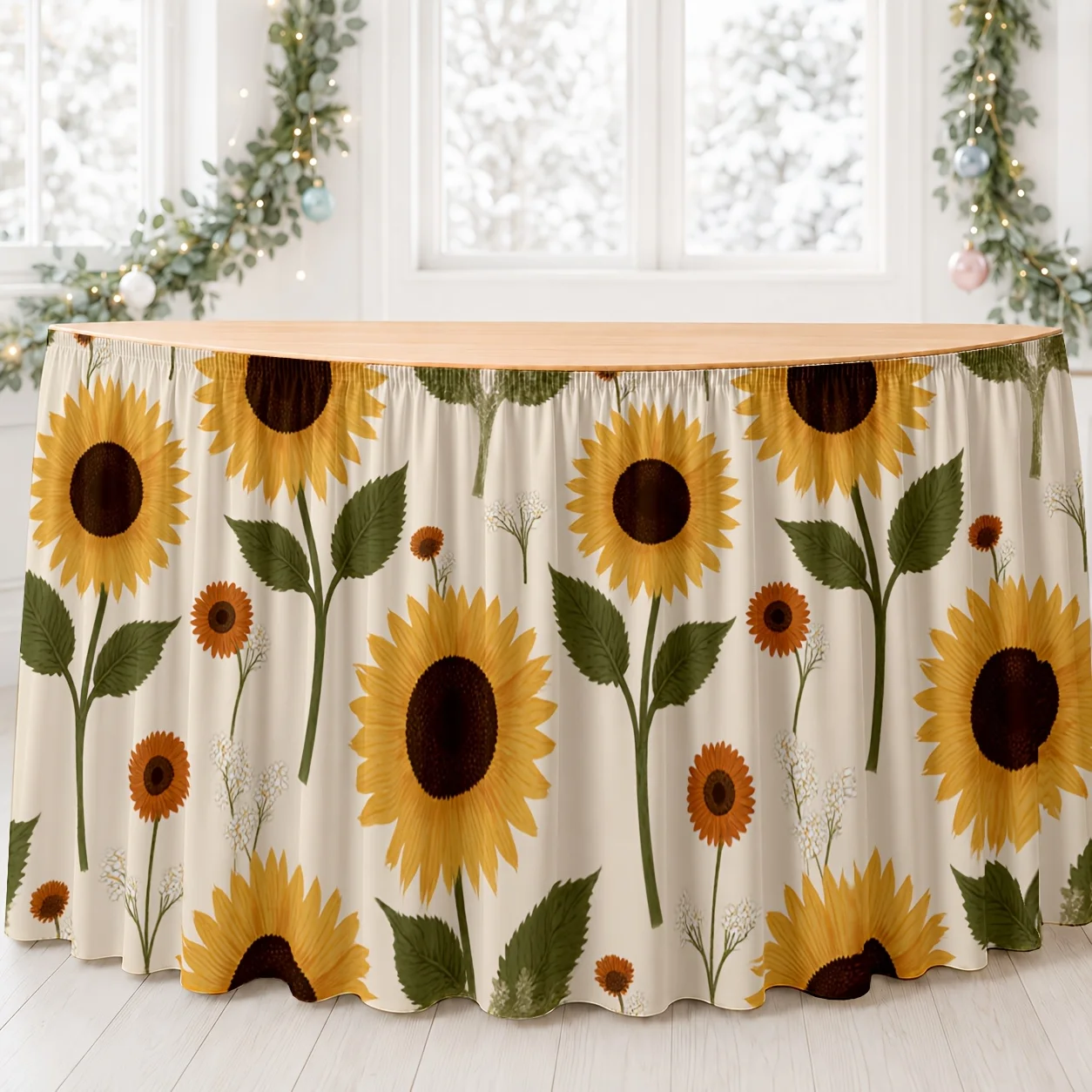 2D planar banner with sunflower floral pattern party tablecloth and table skirt. Summer outdoor garden party. 1 piece.xzj