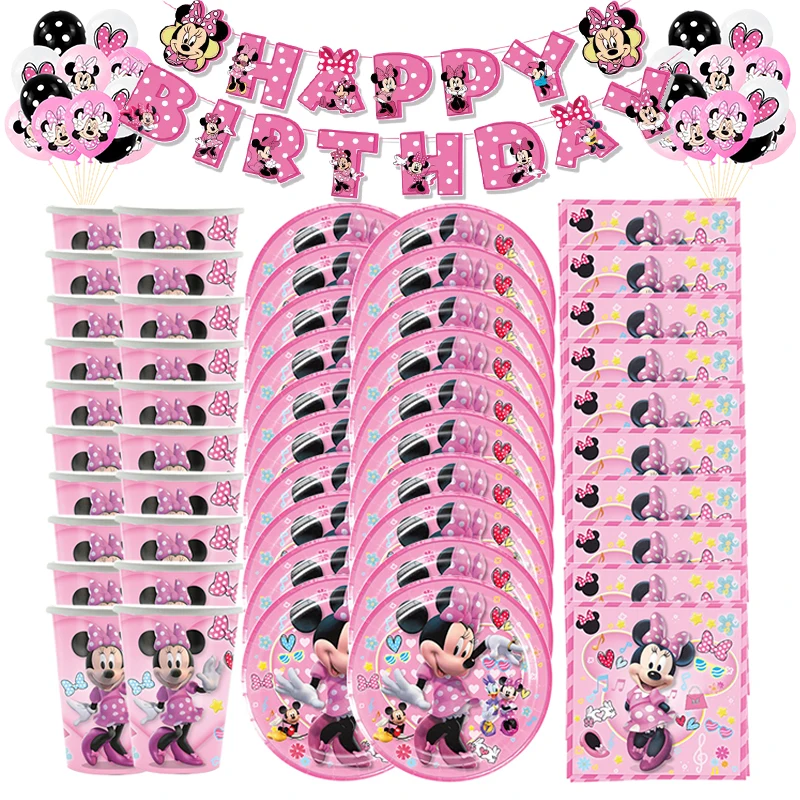 20Person Disney Pink Wave Minnie Mouse Party Supplies Cups Plates Straw Kids Girls Baby Shower Birthday Party Decorations Set