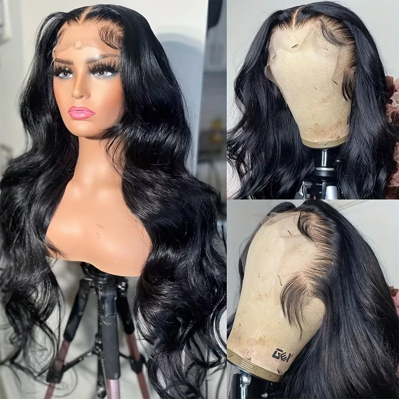 250% Density Glueless Human Hair Lace Front Wig - 13x4 Pre Plucked & Pre Cut 3D Dome Cap with Bleached Knots, Natural Black Body image 5
