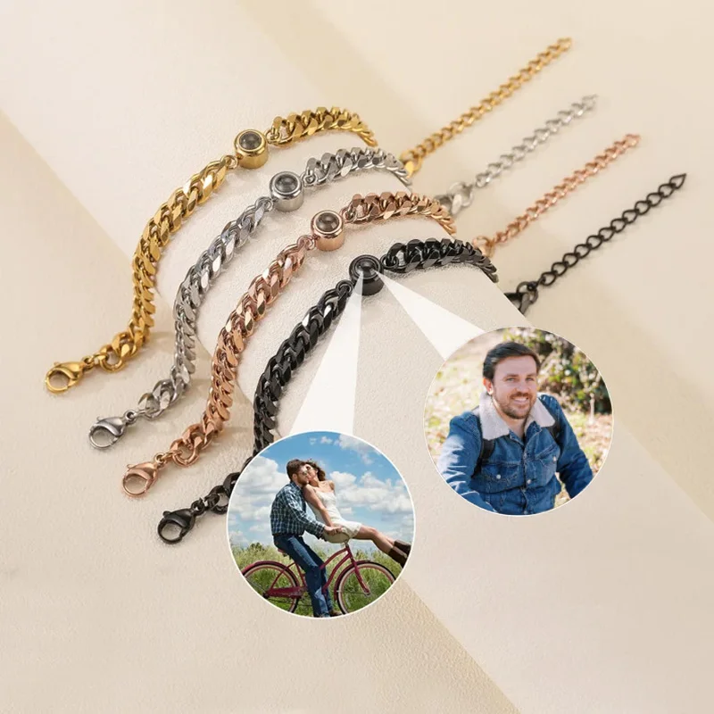 

Photo Projection Bracelet Custom Men Picture Projection Bracelet Boyfriend Photo Memorial Bracelet Unisex Curb Chain Photo Gift