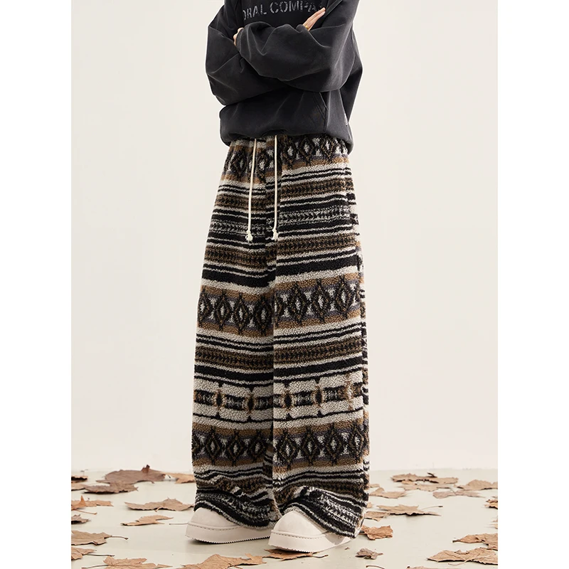 Unisex Vintage Street Ethnic Fluffy Wide-Leg Pants - Khaki Brown (Orange-Brown)  Autumn Winter Fleece Lined​