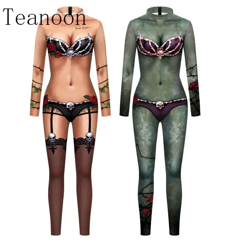 Halloween Cosplay Costumes for Women Bodysuit Horror Printed Party Dress Up Outfit Zentai Jumpsuit Slim Suit