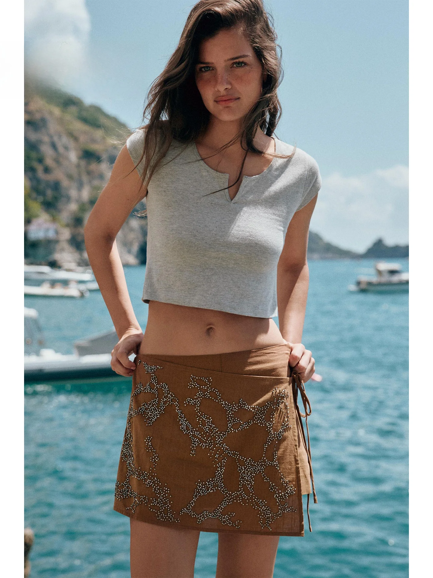 American Retro Beaded Wrap Style A-Line  Skirt Side Tie Asymmetrical Short Skirt Women's mid Waist Other Material 50%