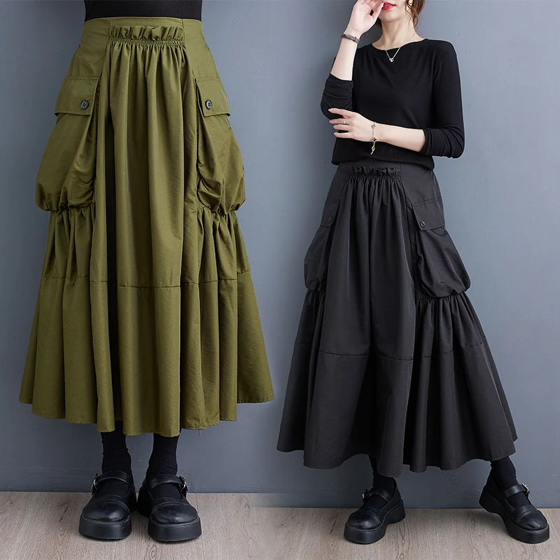 Gonna a trapezio a pieghe a vita alta Abbigliamento da lavoro patchwork da donna Vestibilità ampia con grandi kets Primavera Autunno Nuovo Sle
