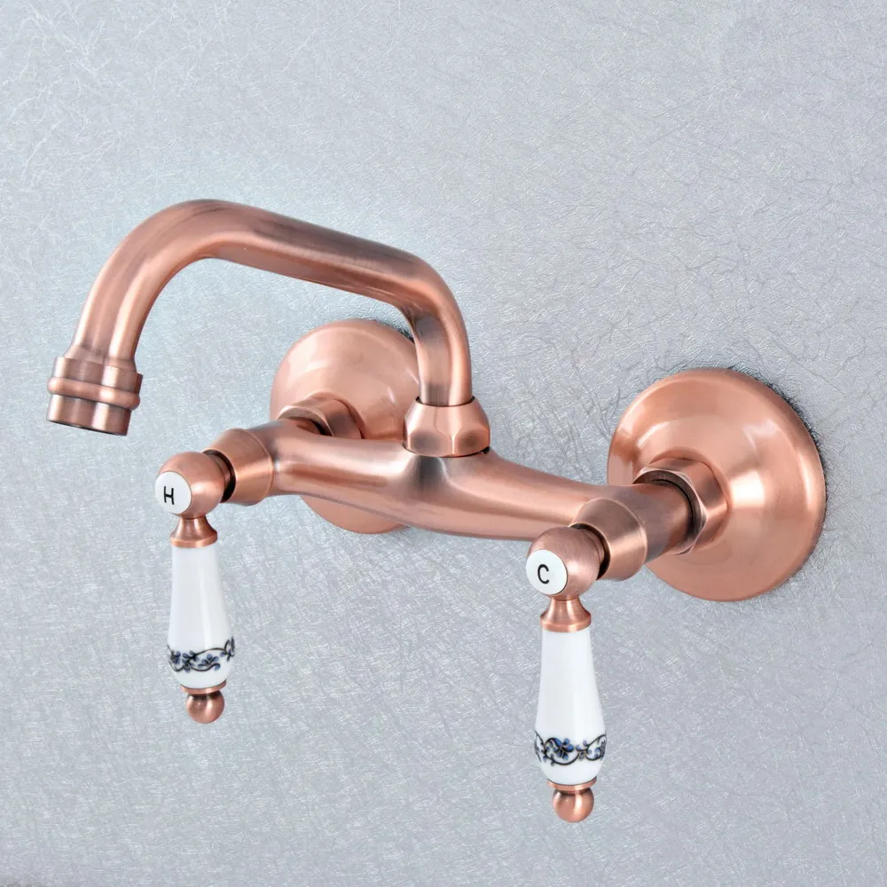 Antique Red Copper Brass Wall Mounted Kitchen Wet Bar Bathroom Vessel Basin Sink Hot Cold Mixer Tap Swivel Spout Faucet msf892