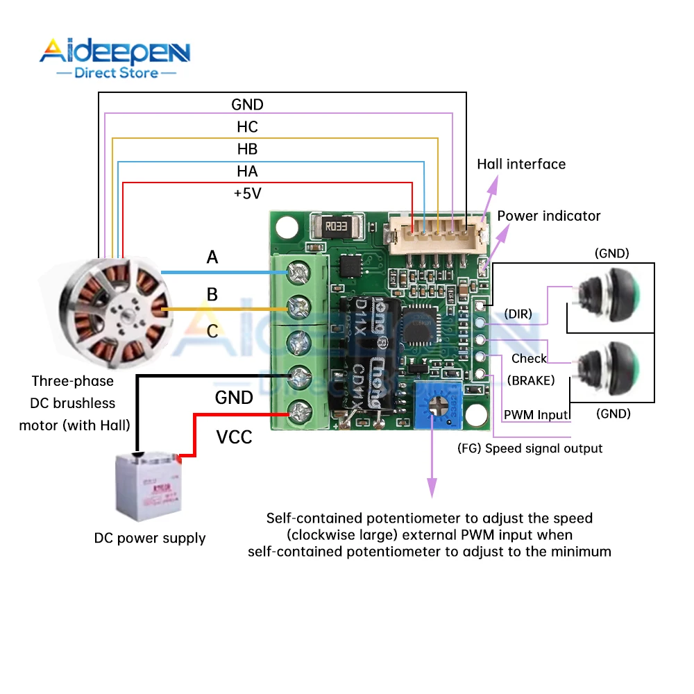3.5a 100w pwm bldc trifásico dc sem escova hall módulo controlador de velocidade do motor 6v-24v regulador de velocidade interruptor regulador de controle