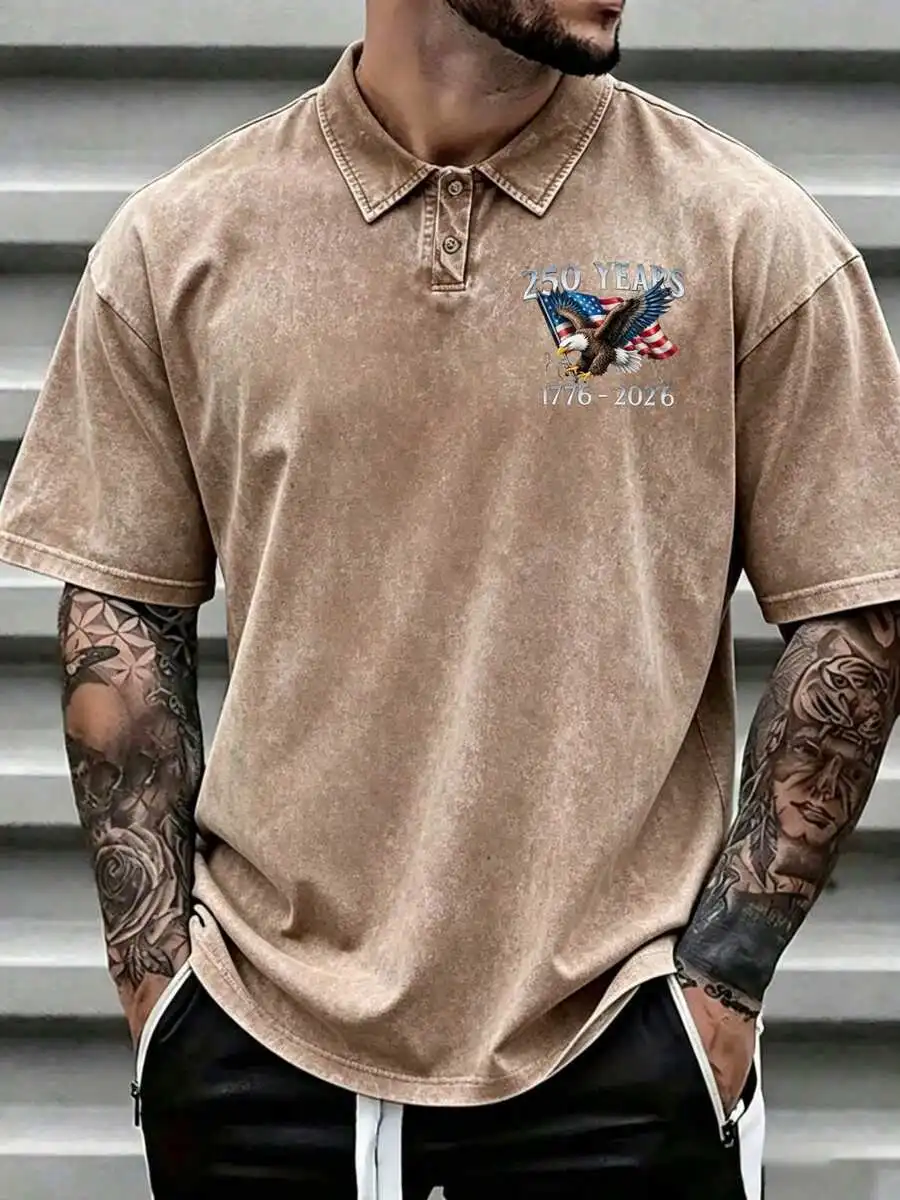 Washed Vintage Mens Cotton Shirt With Eagle Flag Print 250 Years Independence Design
