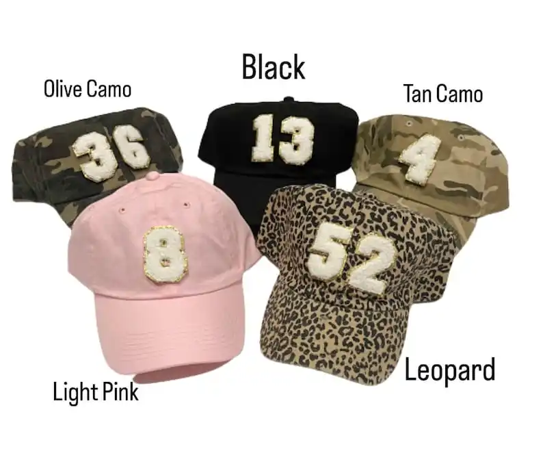 

White + Gold Chenille Sports Number Patch Baseball Hats varsity sports mom soccer mom cute sports cap football game | baseball