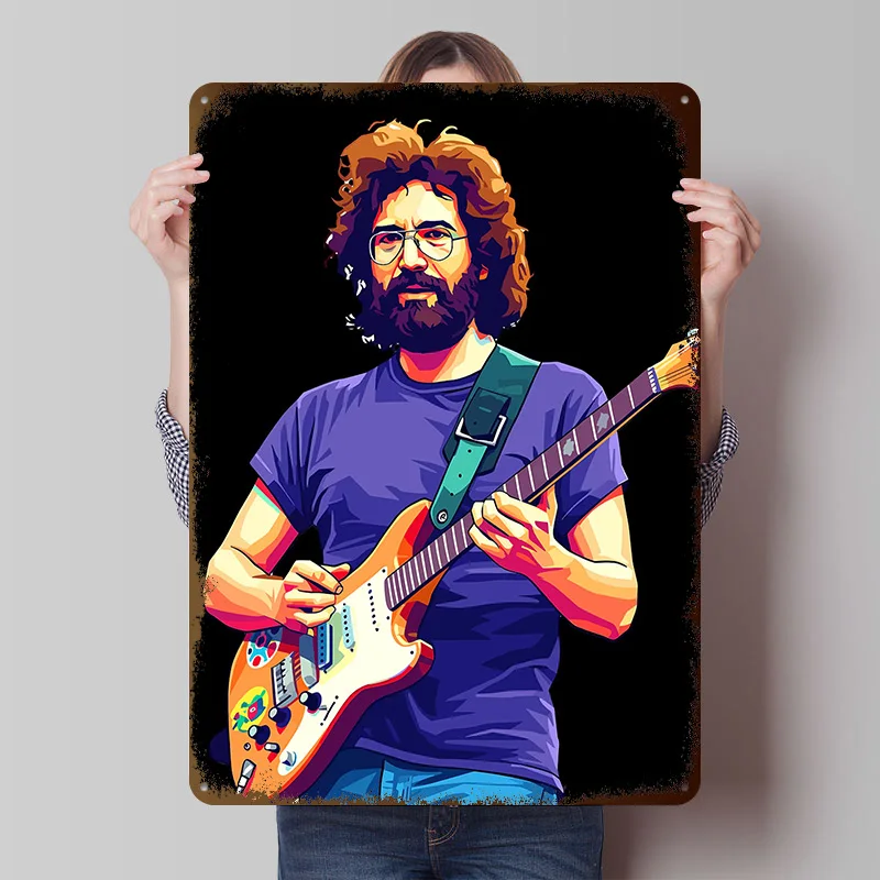 Jerry Garcia Playing Guitar Tinplate Posters Customizable Wall Art Retro Vintage Metal Signs for Home Room Office Decoration