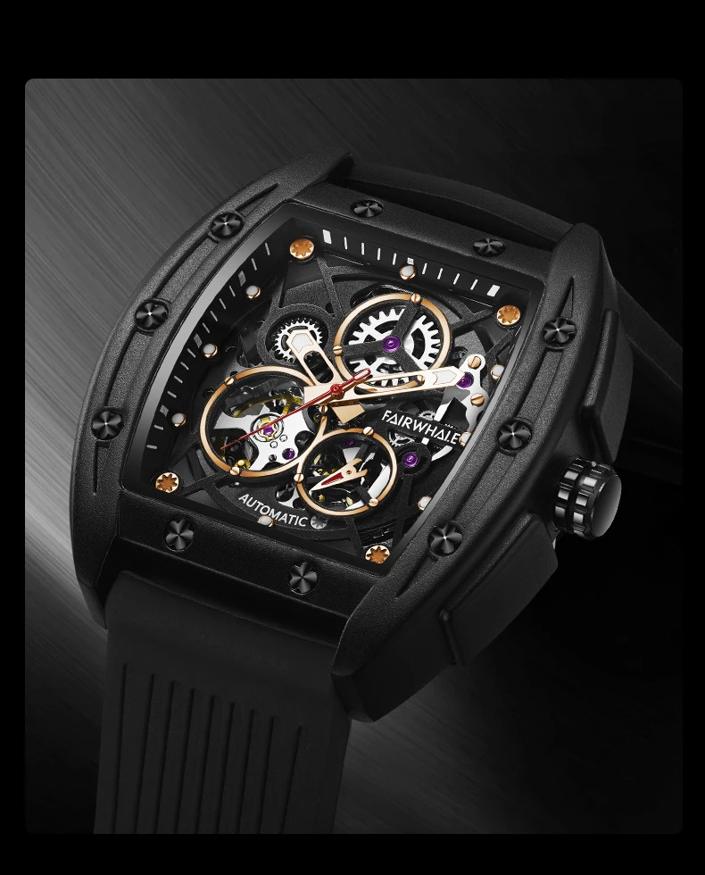 Jam Tangan Mekanis Otomatis 2025 untuk Pria Jam Tangan Pria Skeleton Tourbillon Jam Tangan Hitam Bermerek Mewah Tali Karet Pria