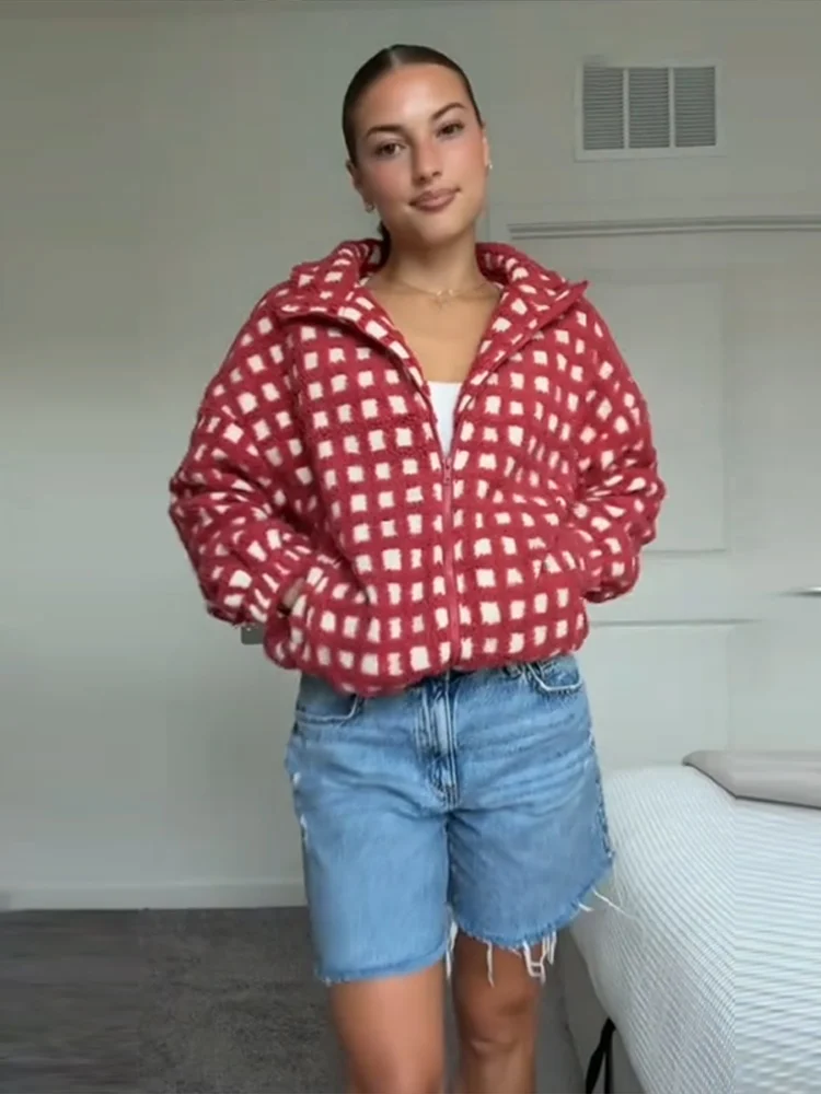 Fashion Plush Plaid Women's Jackets Coat Stand Collar Zipper Thicken Full Sleeve Coats Female Autumn Winter Lady Streetwears