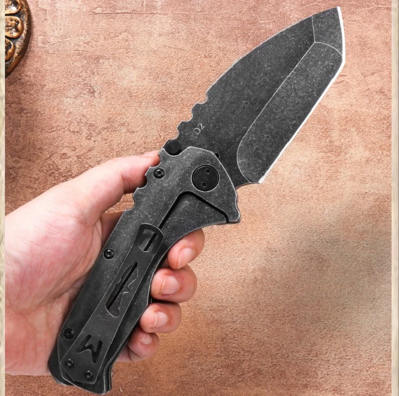 1pc，Outdoor camping high hardness folding knife, D2 all steel knife, EDC self-defense knife, sharp fruit knife, cleaver