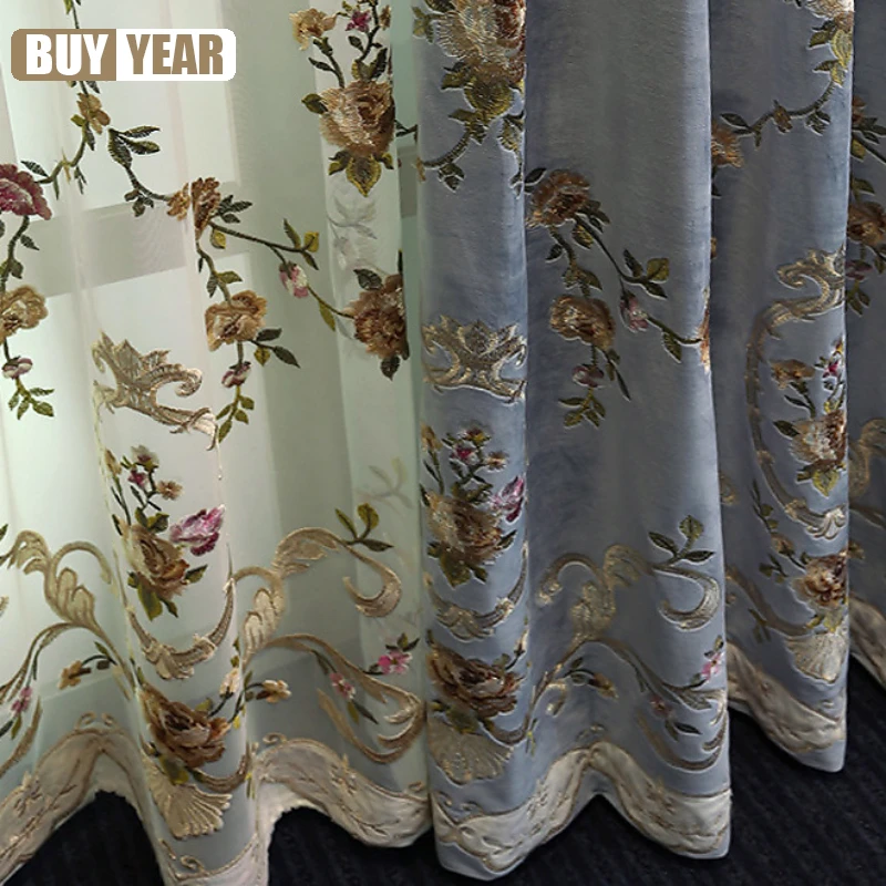 American luxury Velvet Embroidered Full Blackout Curtain European Pastoral Curtains for Living Dining room Bedroom Tulle Custom