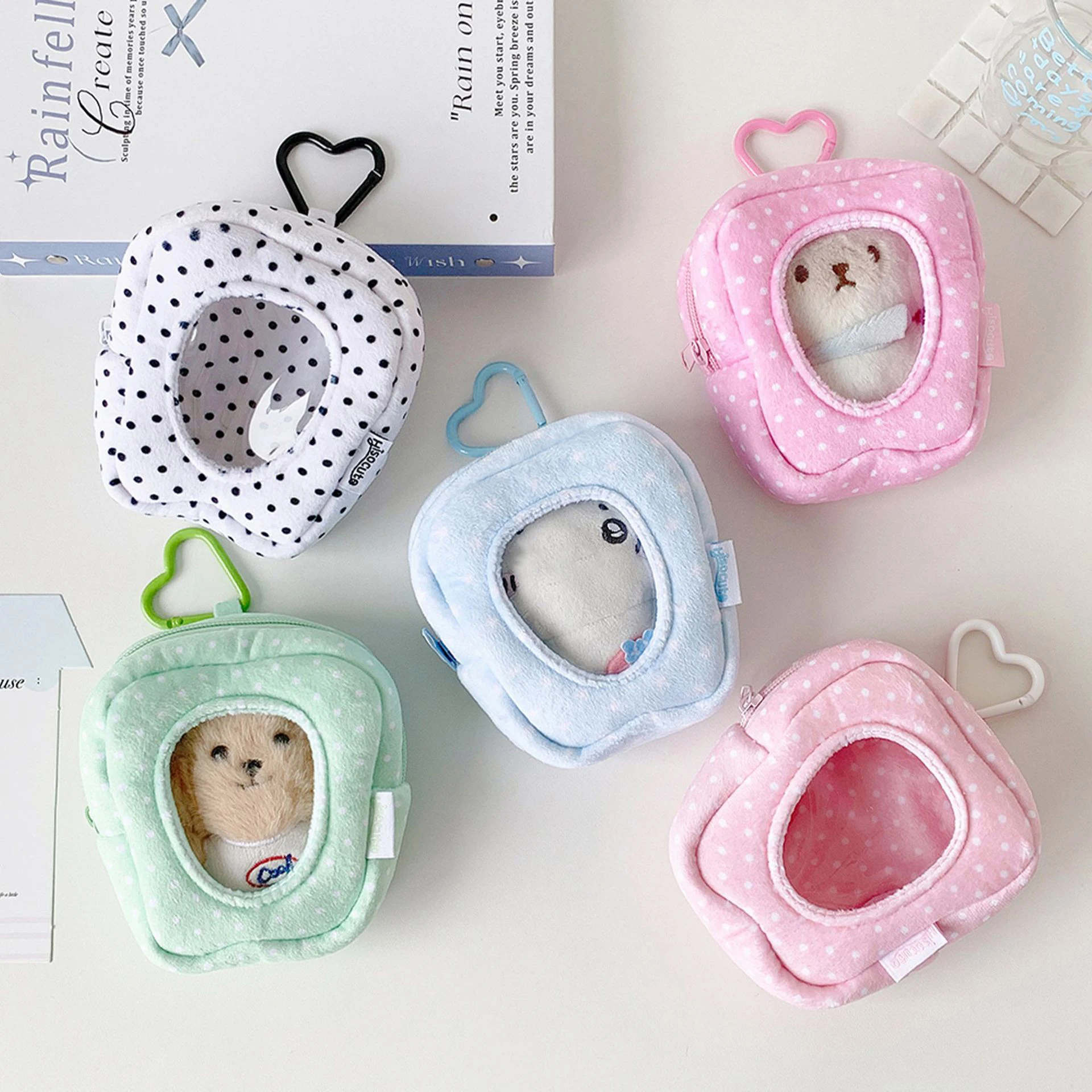 Y2k Fashion Korean Solid Color Polka Dot Doll Storage Bag Cute Girls Apple Heart Button Display Bag Decoration Pendant Gifts