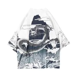 Kimono japonês masculino e feminino, estilo chinês haori, cardigã, cardigã solto, dragão carpa, roupa de samurai yukata, adulto, verão