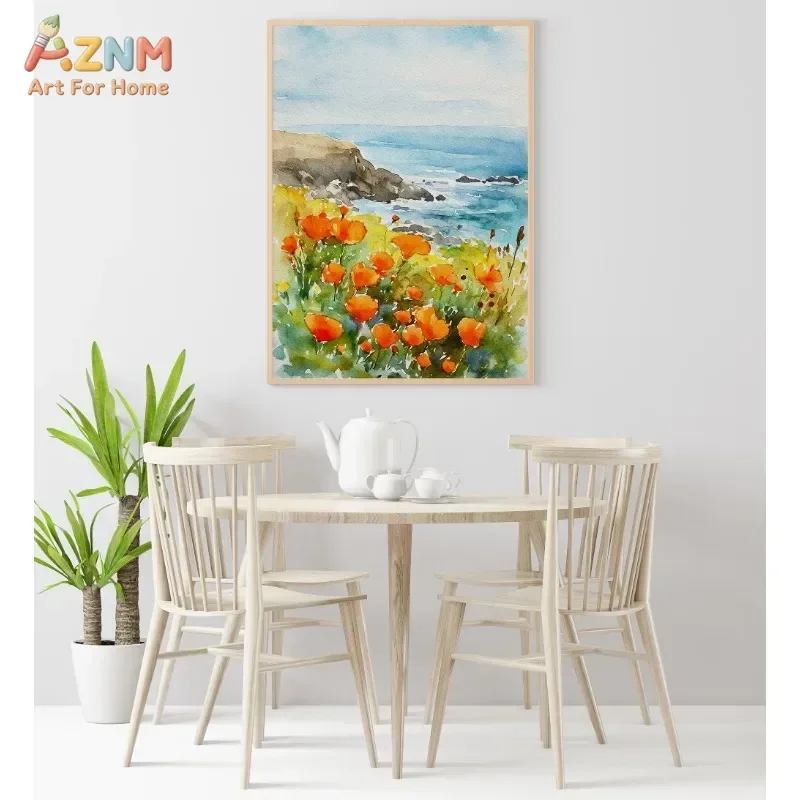 AZNM Watercolor Wildflower Canvas Print Poppy Daisy Thistle Lotus Cactus Ocean Coast Floral Nature Scenery Living Room Wall Post