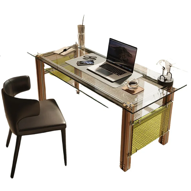 

Light luxury high-end aluminum profile designer desk home office modern glass computer desk desk long workbench