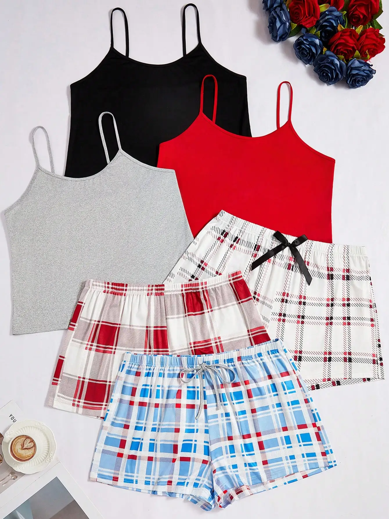 

3-Piece Women's Camisole & Plaid Shorts Pajama Set - Solid & Checkered
