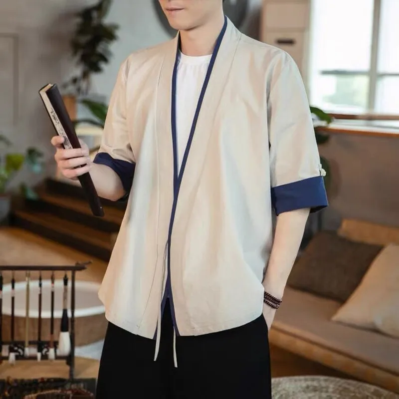 7XL plus Size Men's Casual Loose Top Vintage Tang Suit Shirt Kungfu Clothes Chinese Style Cotton Linen Lace-Up Cardigan