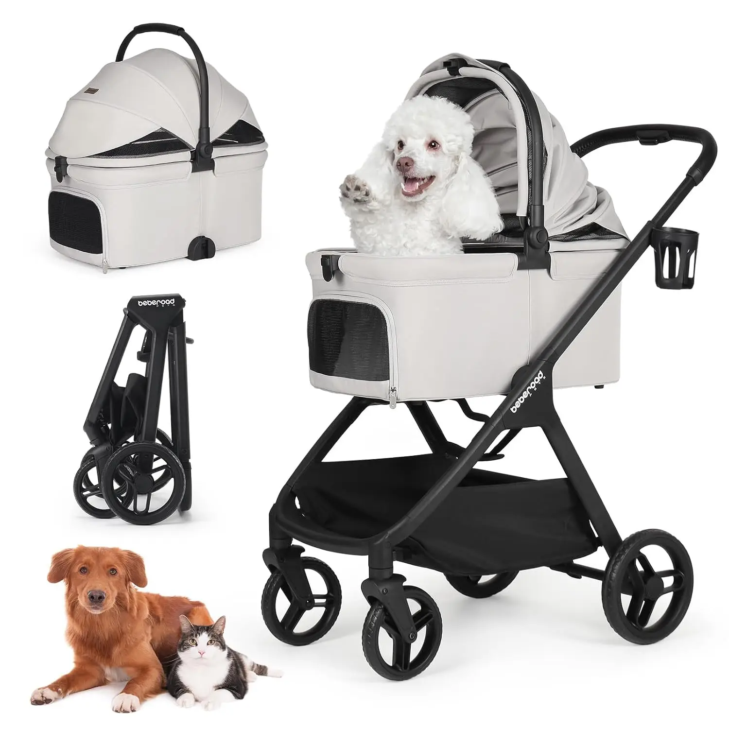 X-5 Pet Stroller for Medium Pets Up to 55 lbs, Gray | Adjustable Handle, Detachable Carrier, Convertible Car Seat, One-Touch Fol