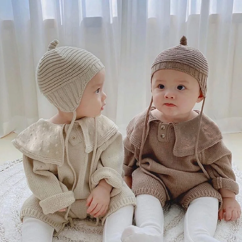 Baby jumpsuit autumn knitted long-sleeved jumpsuit boys and girls lapel simple cotton sweater romper + hat two-piece set