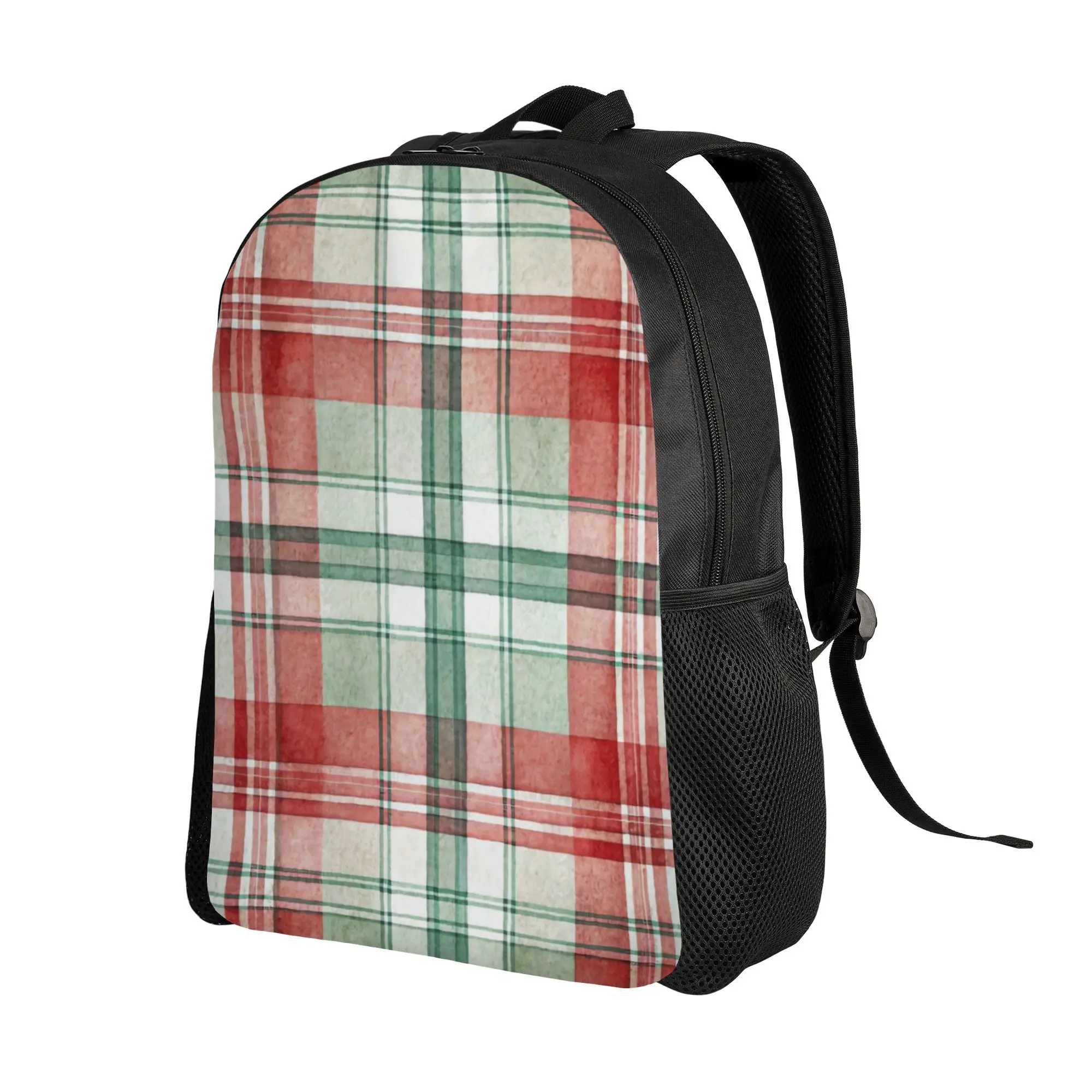 Mochila navideña a cuadros - combinación de colores clásica en rojo oscuro/verde/blanco, diseño casual de un solo compartimento, adecuada para uso diario.