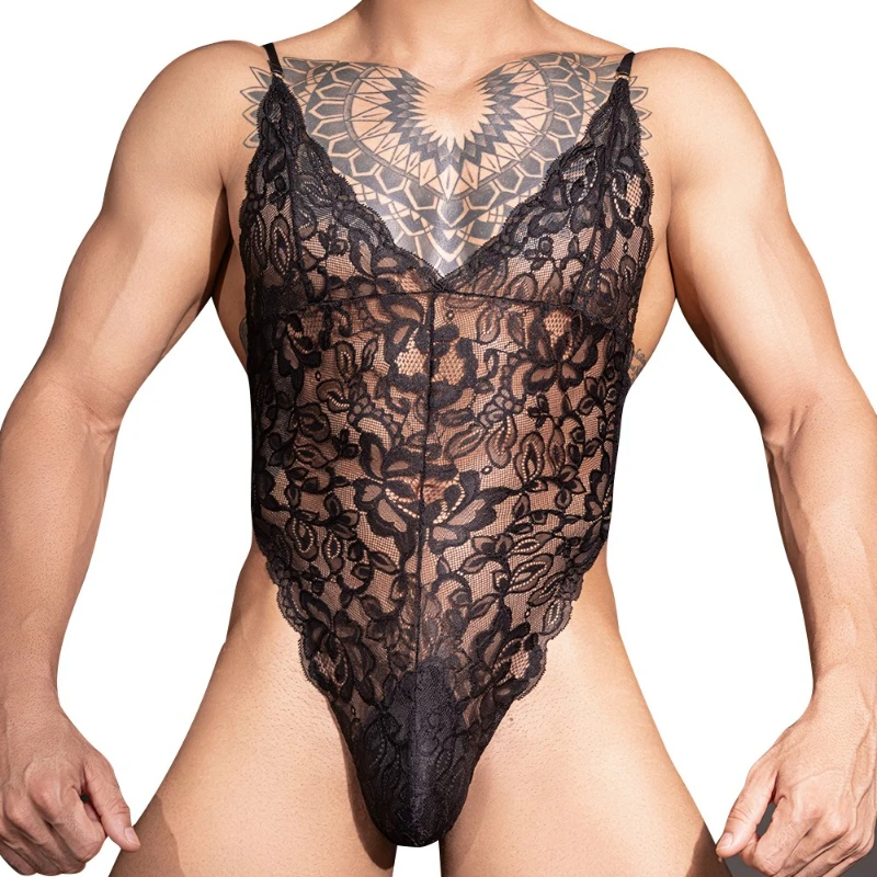 

Men's Sexy Bodysuit Lace Transparent Jockstrap Underwear Gay Thin Ultra-Thin See Through Lingerie Crossdressing Sissy Jumpsuit