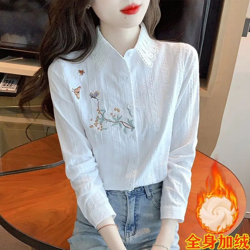 Chemise à manches longues en coton pour femmes, chemisier Simple en flanelle avec broderie Patchwork et dentelle