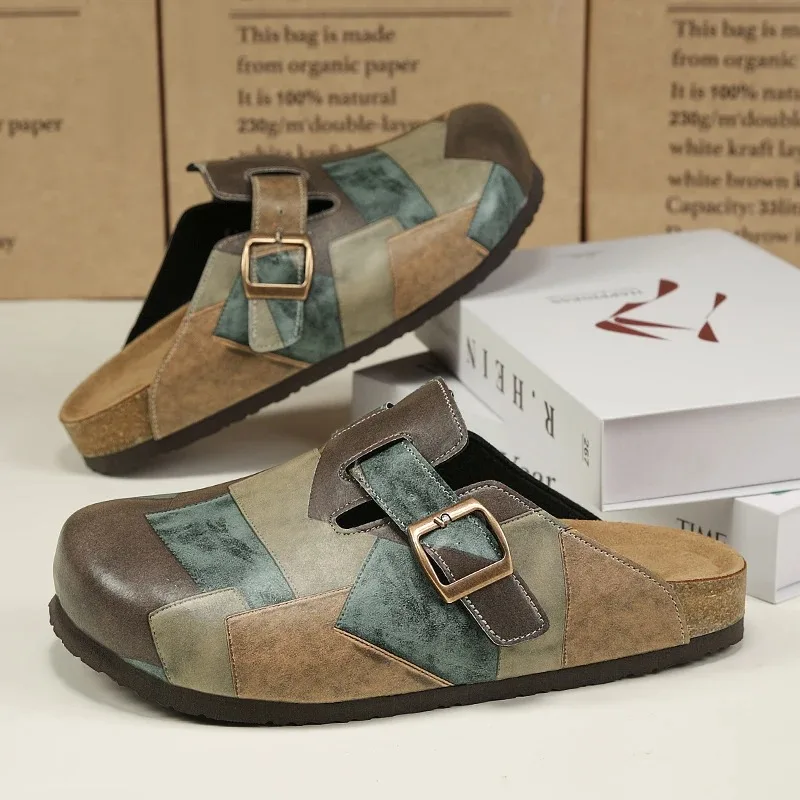 Men Shoes Mules Cork Closed Toe Slippers Clogs Fashion Leather Sandals Adjustable Buckle Backless Comfort Footbed Shoes for Men