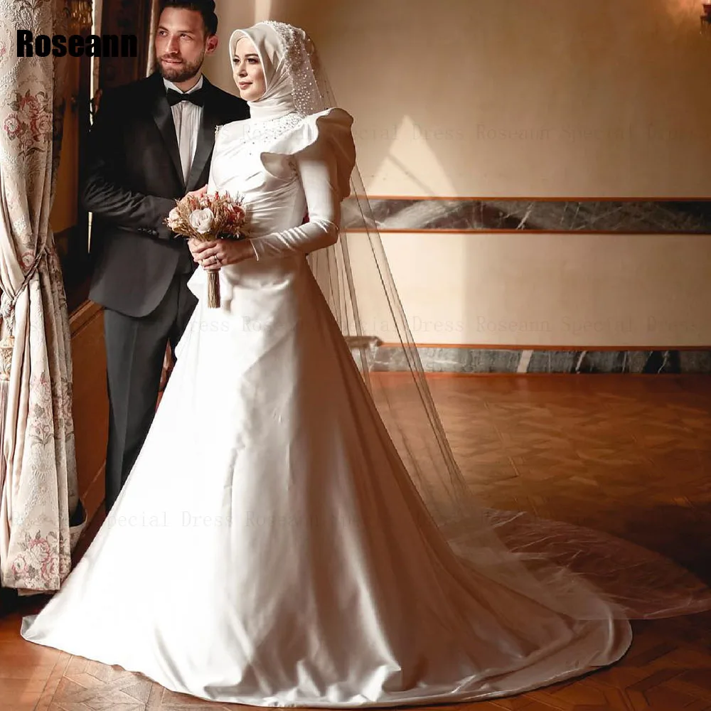 

Muslim 2024 Ivory High Collar A-line Wedding Dresses Applique Pearls Flowers Brush Train Floor Length Bride Dress robe de mariée