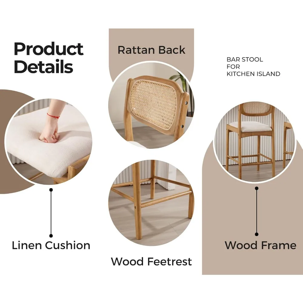 Rattan Counter Height Bar Stools Set of 2 Farmhouse Barstools with Cane Back Comfortable Linen Upholstered Bar Chairs Mid Centu