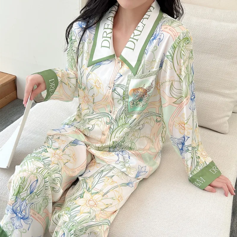 Vêtements de nuit de luxe à imprimé floral pour femmes, vêtements de nuit à revers, vêtements décontractés pour la maison, vêtements d'intérieur à manches longues, ensemble de pyjamas, nouveau, 2023