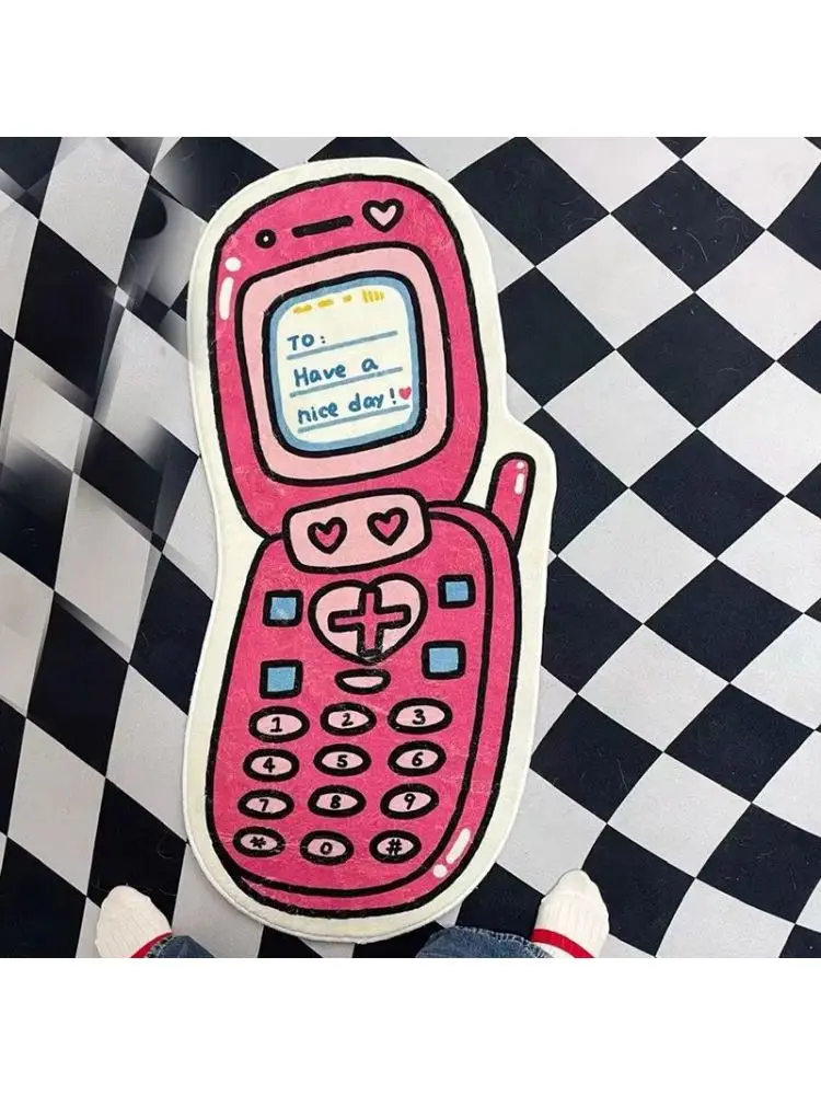 

Противоскользящий коврик в форме мультяшного телефона для декора комнаты девочки, с откидной крышкой, напольный коврик из машинного льняного ткачества