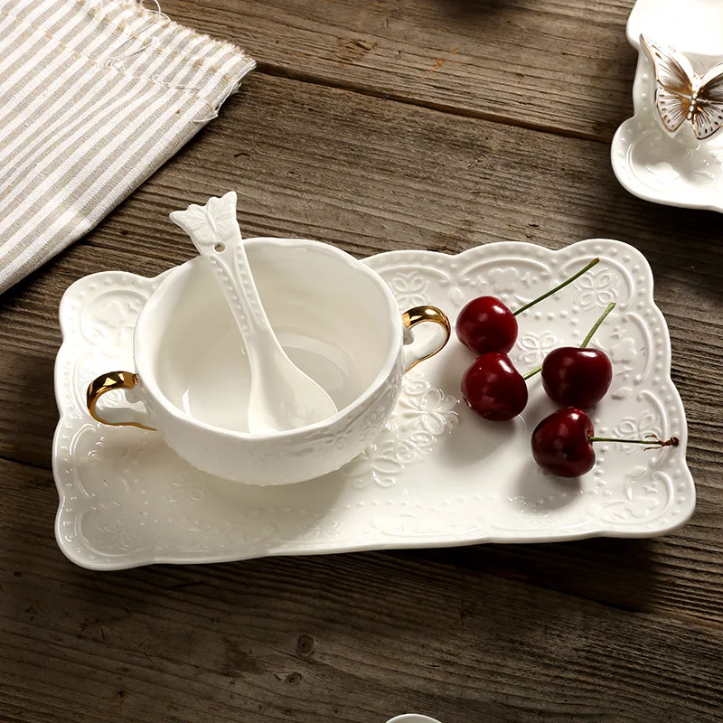 

European-style Relief Dessert Small Tableware Embossed Soup Cup with Lid Ceramic Bowl Stew Cup Creative Household Bowl Dish Set