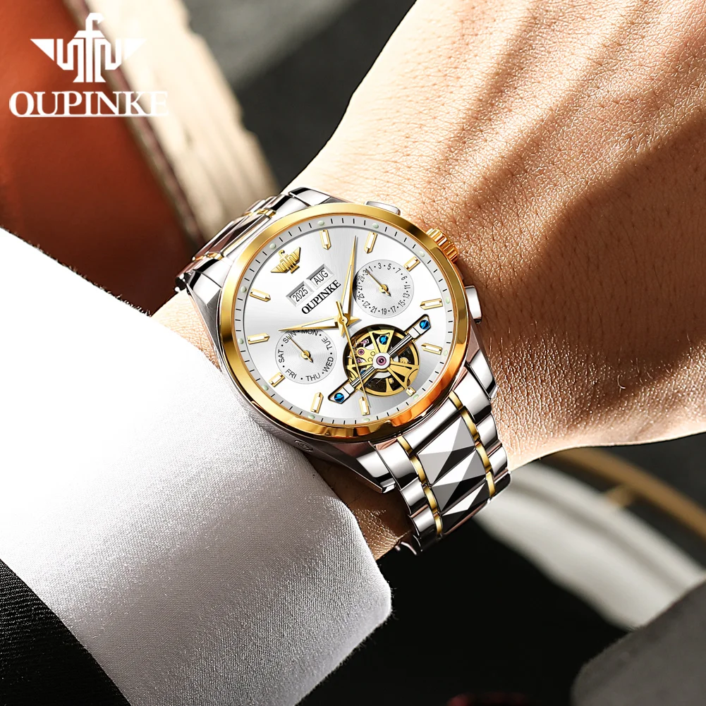 OUPINKE 3290 الأصلي ساعة أصلية الرجال دولاب الموازنة تاريخ كرونوغراف جودة عالية التنغستن الصلب حزام الياقوت مرآة الذكور الساعات