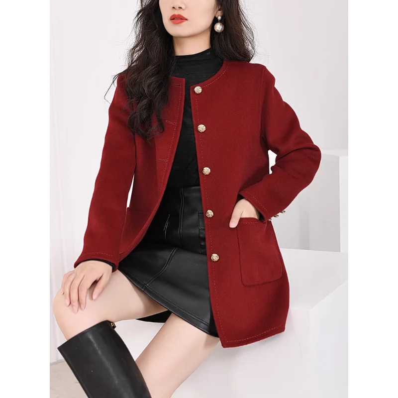 Reversible Tweed Coat Women's Mid-length Design Low Round Neck Hand-stitched Wool Coat Tweed Jacket