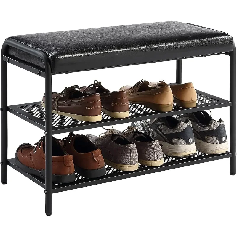 

Shoe Rack Bench,3 Tiers Storage Organizer,Synthetic Leather Entryway Bench,Ottoman Bench with Metal Frame,Holds Up to 300