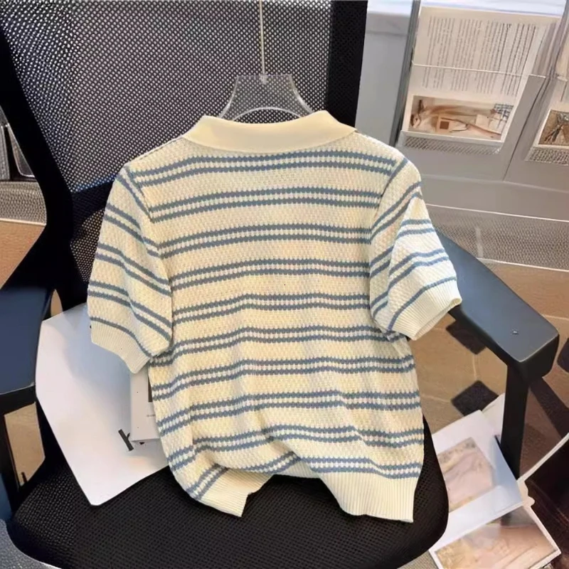 2026 Neck New Womens Knitting T-Shirt Striped Short Sleeve Women T Shirt for Female Slim Tops Woman T Shirts Clothing Ropa Mujer